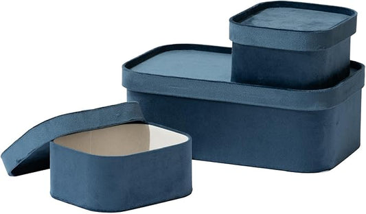 La Jolie Maison Velvet Storage Baskets with Lids, Sturdy Stackable Cardboard Boxes with Decorative Trays, Organizer Bins for Bathroom Bedroom Organizing, Prussian Blue, Set of 3