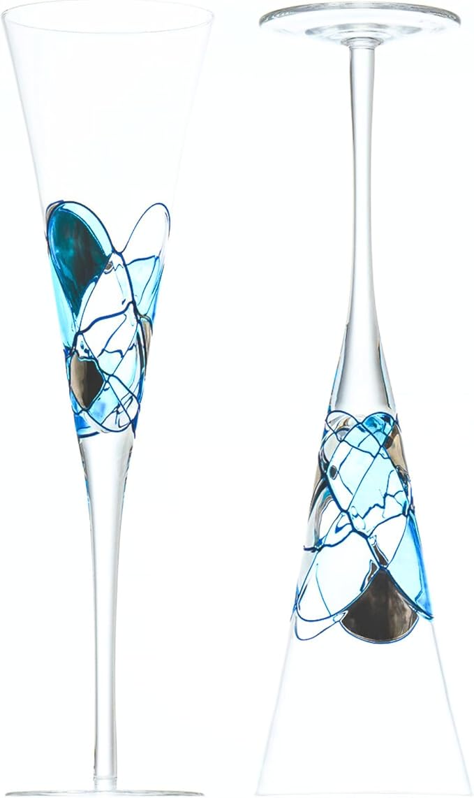 Victoria Barcelona Champagne Flute Set of 2 – 7.5 oz Mouth-Blown Turquoise Sea Glass | Hand-Painted, Gaudí & Murano Inspired | Artistic Unique Gift Ideas for Her or Him