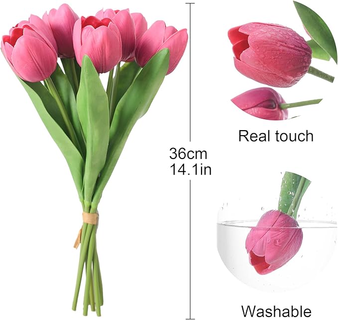 Deep Pink Artificial Tulips, 2 Bundles 14Pcs, Fake Tulips Artificial Flowers, 2 x 2.4 Inch Large Flower Head Big Tulip, Easter Valentine's Day Mother's Day Home Decoration Flowers