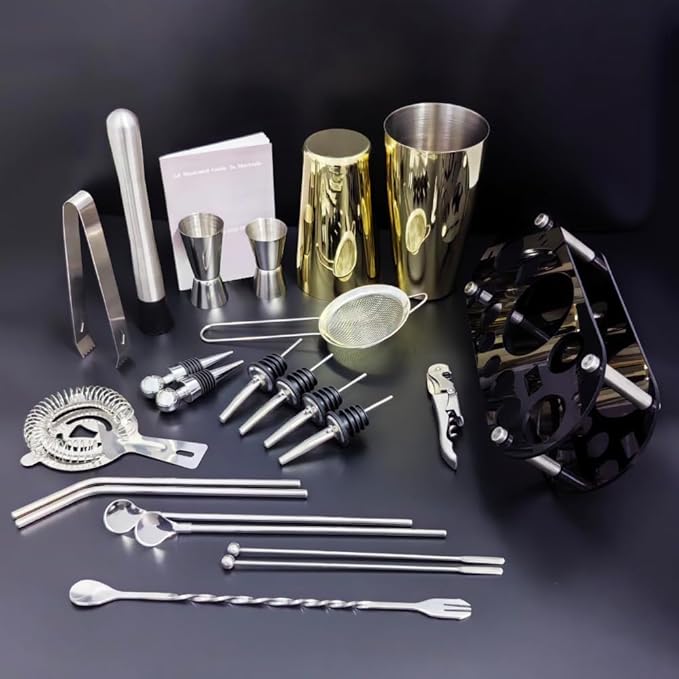 22-Piece Cocktail Shaker Set, 25/20oz Bartender Kit, Bartending Stainless Steel Bar Tools Sets for Drink Mixing, Boston Cocktail Shakers with Stand Recipes Booklet (Rose Copper-25-20oz)