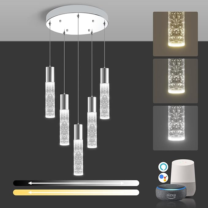 OKELI Smart Dimmable LED 5-Light Pendant Light for Kitchen Island, 18W 1350LM Modern Bubble Crystal Island Light Fixture with TUYA App & Voice Control, Adjustable 3000K-6000K, Electro-Chrome