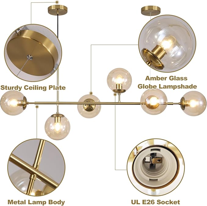 KCO Lighting Globe Linear Chandelier 6 Light Amber Glass Pendant Light Fixture Gold Kitchen Island Lighting Long Brass Sputnik Chandelier Dining Room Light Fixtures Over Table