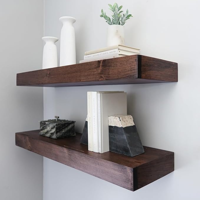 Modern Floating Shelves 3 Inches Thick for Wall, Wide Shelves for Kitchen, Living Room, Bedroom, and Bathroom, Natural Pine Wood, Rustic Wooden Shelf, (Set of 2) (Provincial, 24Lx3Hx8D)