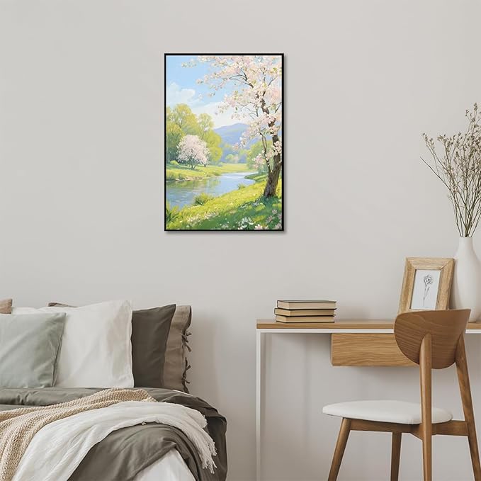 The scenery of a stream between trees and cherry blossoms under the blue sky is suitable for posting in the living room bedroom office landscape posters