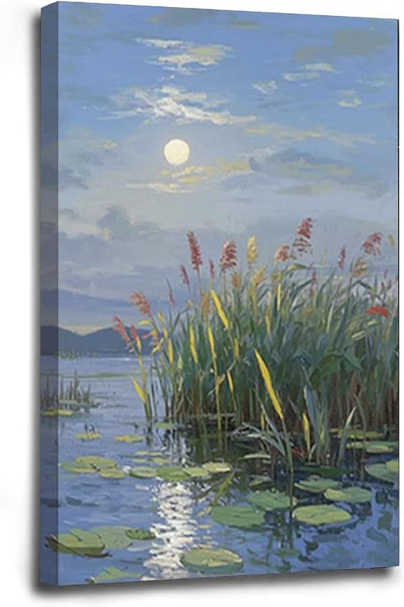 Landscape poster artwork art poster natural landscape painting reed marsh under the moonlight suitable for living room bedroom home wall