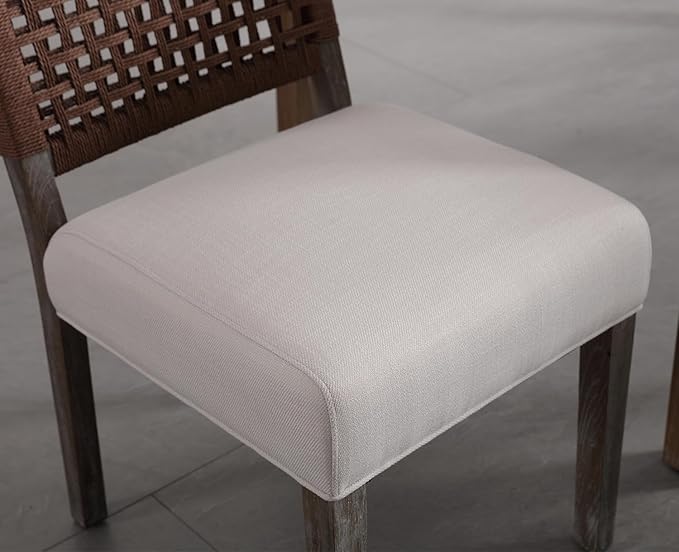 Kmax Farmhouse Dining Chairs Set of 2, Rustic Kitchen Chairs with Linen Fabric Seat and Woven Back, Vintage Accent Chairs for Dining Room, Living Room, Beige