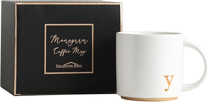 COLLECTIVE HOME - Monogram Ceramic Mugs, 15 oz Golden Initial Coffee Cups, Elegant Alphabet Tea Mugs, Elegant Personalized Mug with Gift Box, Luxurious Cups for Office and Home (y)