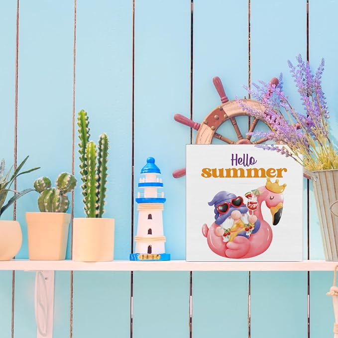 Hello Summer Decor Flamingo Decorations Summer Gnome Wooden Sign Rustic Home Decor 5 x 5 Inches