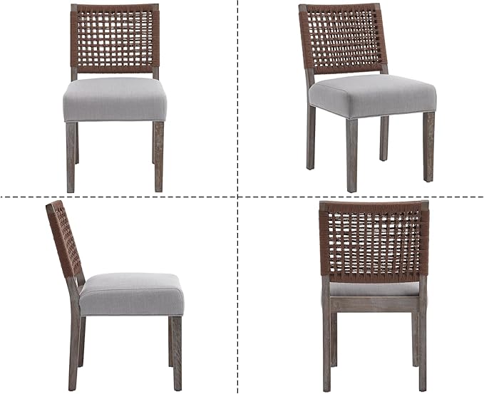 Kmax Farmhouse Dining Chairs Set of 2, Rustic Kitchen Chairs with Linen Fabric Seat and Woven Back, Vintage Accent Chairs for Dining Room, Living Room, Grey