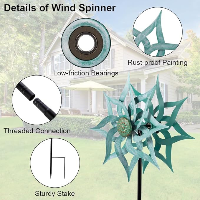 Viveta Metal Wind Spinners,53.5" Kinetic Wind Sculptures,Green Garden Pinwheels Double Layer Windmill for Outdoor Patio Lawn Yard