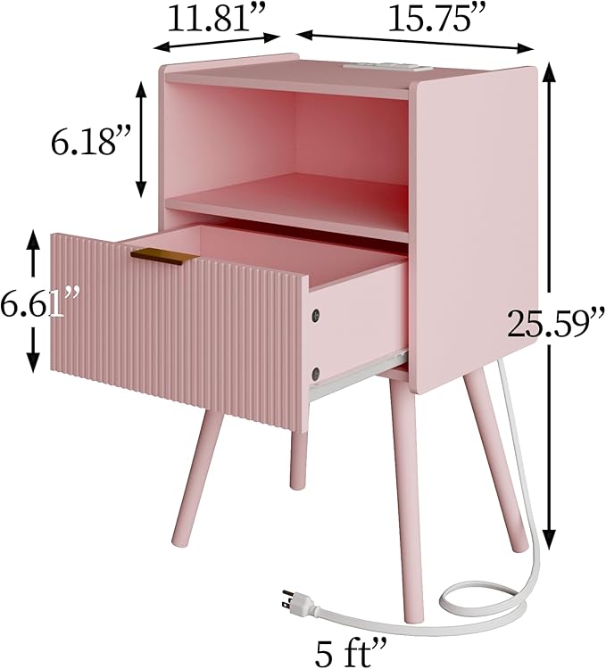 Nightstand,Modern Bedside Table with Storage Drawer and Open Wood Shelf, Accent Night Stand with Solid Wood Legs for Living Room, Bedroom and Small Spaces,Easy Assembly (Pink-Outlet)