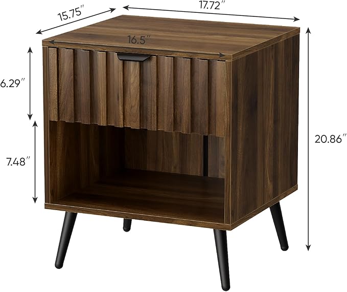 Smuxee Walnut Wooden Night Stand, Mid Century Nightstand with Fluted Drawer, Bedside Table with Open Shelf, Modern End Side Table for Bedroom