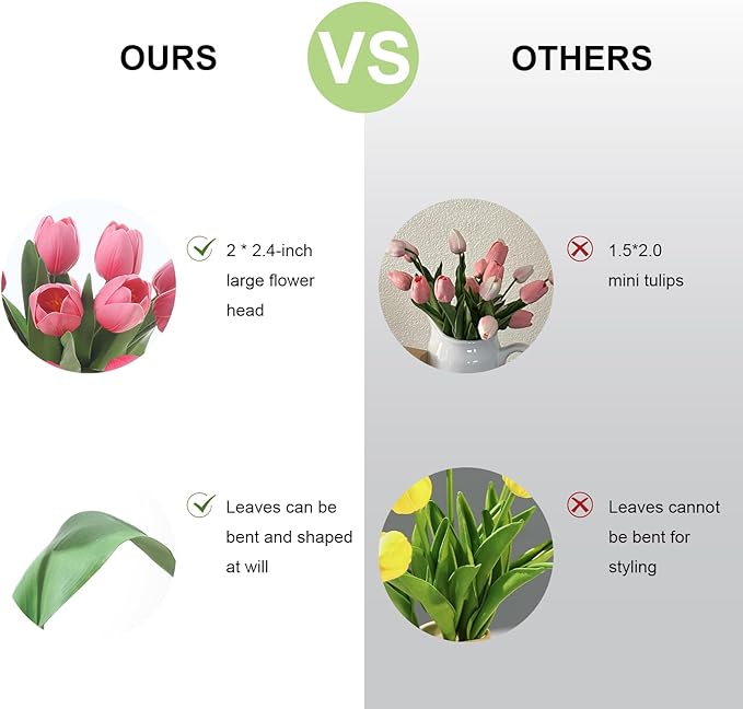 Deep Pink Artificial Tulips, 2 Bundles 14Pcs, Fake Tulips Artificial Flowers, 2 x 2.4 Inch Large Flower Head Big Tulip, Easter Valentine's Day Mother's Day Home Decoration Flowers