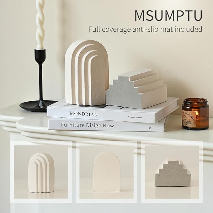 Decorative Bookends for Shelves, Set of 2 Book Ends for Heavy Books, Layered Arch Design Beige Bookend