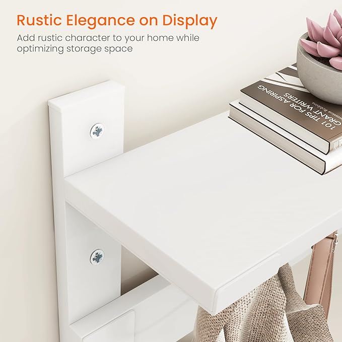 Homode Coat Rack With Wall Shelf, 29" Wooden Entryway Floating Shelf With Hooks Underneath, Hanging Coat Hanger for Bathroom, Living Room, Bedroom, Hallway, White