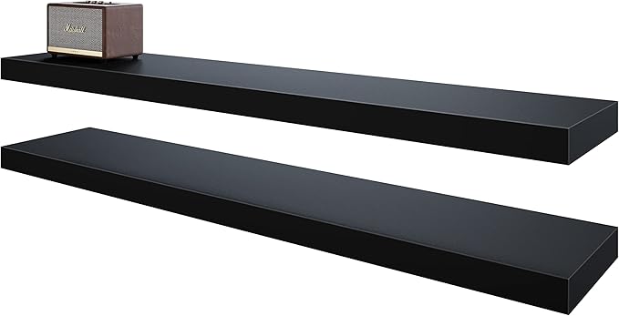 BAMEOS Floating Shelves, Black Wall Mounted Wooden Shelves with Invisible Brackets Set of 2,47 x 9