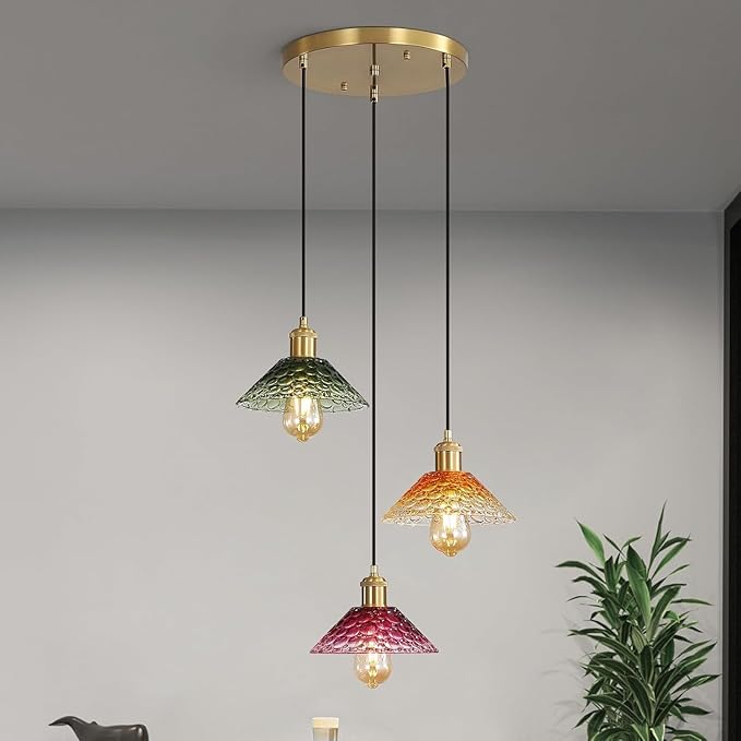 Glass Ceiling Chandelier,3-Light Colorful Hanging Pendant Light,Mid Century Modern Glass Pendant Light Fixture for Dining Room, Hallway, Living Room,Farmhouse,Kitchen Island