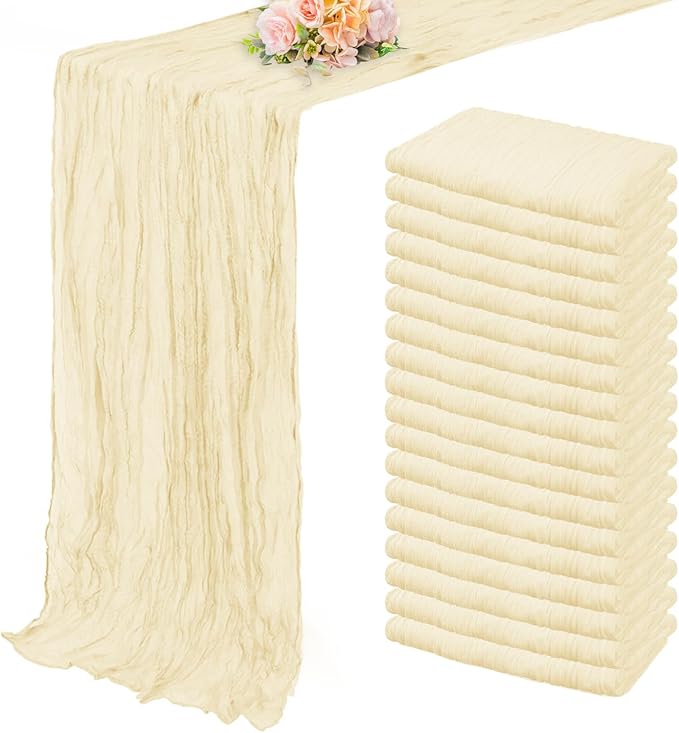 10FT 20 Pack Beige Cheesecloth Table Runner 20 x 120 Inch Long Rustic Gauze Fabric Cheese Cloth Table Runner for Wedding Bridal Baby Shower Table Decorations Boho Sheer Birthday Party Table Decor