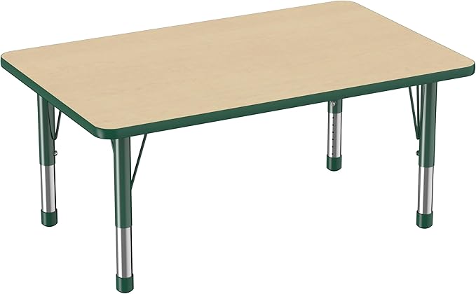 FDP Rectangle Activity School and Classroom Kids Table (30 x 48 inch), Chunky Toddler Legs, Adjustable Height 15-24 inches - Maple Top and Green Edge