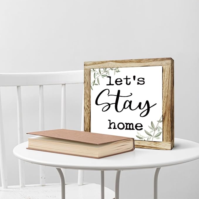Rustic Wooden “Let’s Stay Home” Sign – Wooden Plaques Sign Table Decor, Shelf or Desk Decor, Farmhouse Living Room and Family Room Decoration, Cozy Home Accent and Housewarming Gift