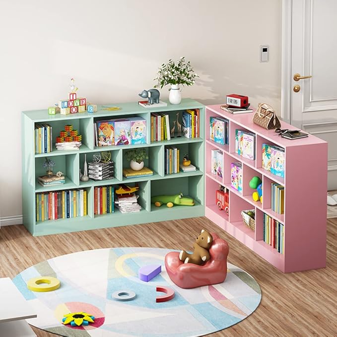 IOTXY Open Shelf Low Bookcase - Wooden 3-Tier Floor Standing Display Cabinet Organizer with Base, 7 Cubes Short Horizontal Bookshelf in Tiffany-Green