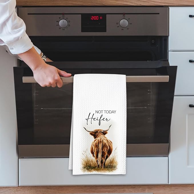 Not Today Heifer Highland Cow Hand Towels for Farmhouse Kitchen Bathroom Decor | Funny Waffle Weave Microfiber Dish Towel Western Gift