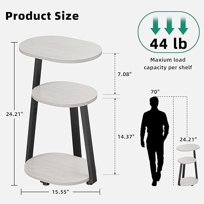 Side Table, Small End Table with Metal Frame, 3-Tier Bedside Tables, Round Side Tables for Living Room Bedroom Couch Bathroom, Oval, White Maple