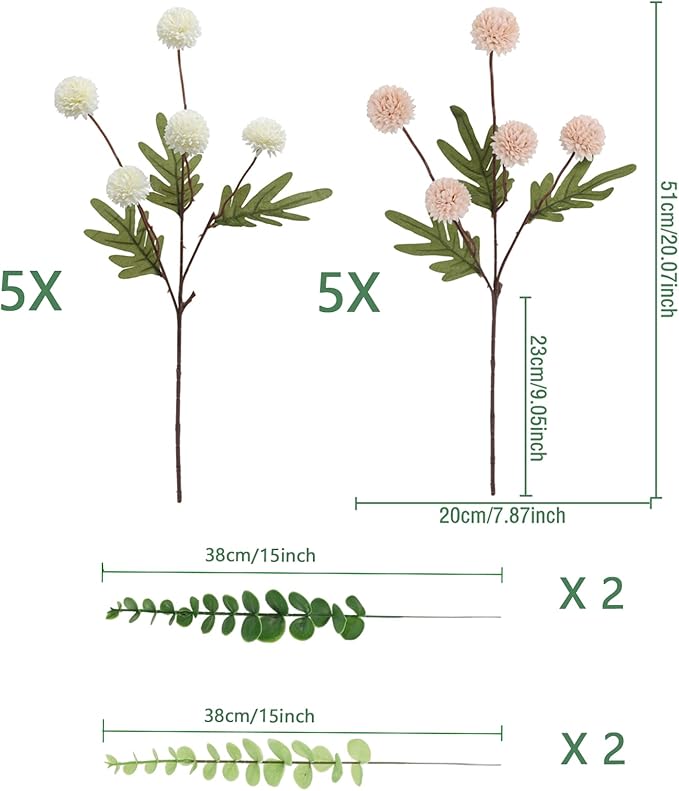 Faux White & Pink Kiku Flower, 10 Stems with 5 Heads Each & 4 Branches Eucalyptus Stems, Artificial Small Mini Chrysanthemum Flowers for Aesthetic Room Decor, Floral Arrangements Centerpiece