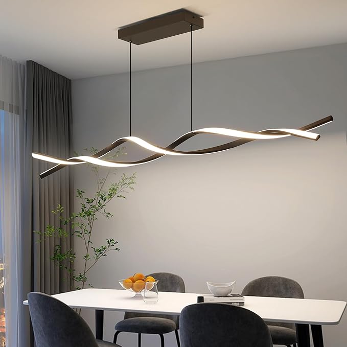 Modern Ceiling Chandelier Light, Acrylic Anti Flicker Pendant Lamp with Remote Control Dimmable 3 Color Mode & Brightness (Warm Cool Neutral Light) for Kitchen Bar Walnut 57in