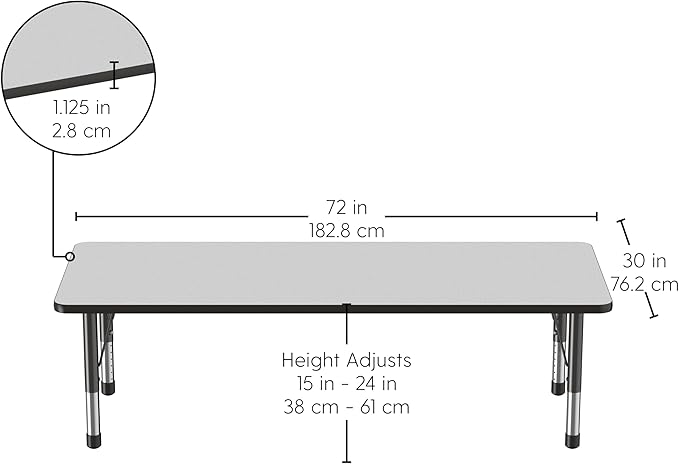 FDP Rectangle Activity School and Classroom Kids Table (30 x 72 inch), Chunky Toddler Leg, Adjustable Height 15-24 inches - Gray Top and Black Edge