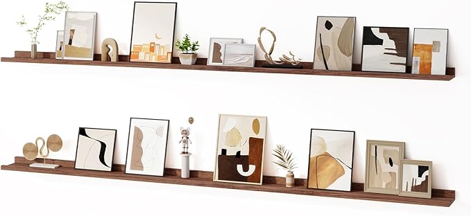 Floating Picture Ledge Shelves for Wall Set of 2, 84 Inches Picture Ledge Shelf with Long Large Nursery Book Shelf for Toys Storage Kids Bookshelf Wall Mounted Living Room Bedroom Decor Frames, Walnut