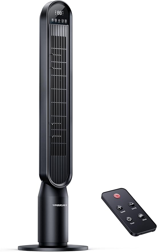 VAGKRI 42 Inch Tower Fan for Bedroom, Bladeless Quiet Floor Fan with 135° Vertical 90° Oscillation Fans for Indoors use, 4 Speeds, 4 Modes, 15H Timers Standing Fans with Remote Black