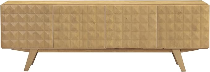 NTC Sapa Mid-Century Modern Solid Wood TV Stand 4-Door Media Console with Carved Geometric Fronts for TVs up to 75", Effortless Assembly, Sand