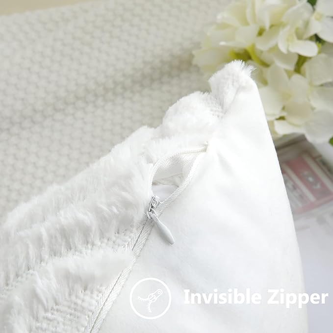 decorUhome Fall Throw Pillow Covers 24x24 Inch Set of 2, Soft Plush Decorative Faux Fur White Solid Couch Pillow Covers, Accent Farmhouse Neutral Square Euro Pillow Cases for Sofa Bed Living Room