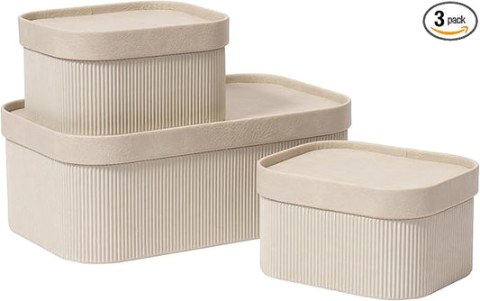 La Jolie Maison Fluted Cardboard Storage Baskets with Leather-Like Lids, Sturdy Stackable Paper Boxes Decorative Tray,Set of 3 Ivory