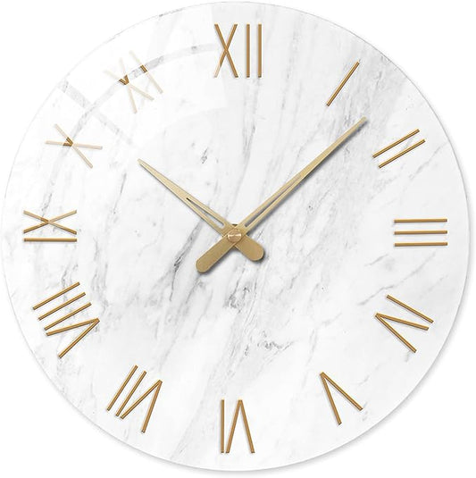 Round Marble Battery Wall Clock Modern 14 Inch White Minimalist Wall Clock for Kitchen Quartz Glass Slient Clock for Wall