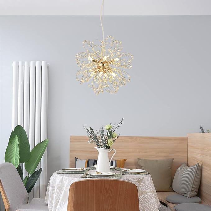 Modern Gold Chandelier Crystals, Sputnik Sunflower Beaded Hanging Lamp, Small Dandelion Pendant Light Fixtures for Kitchen Island Dining Room Bedroom Entryway (Gold 8Lights)