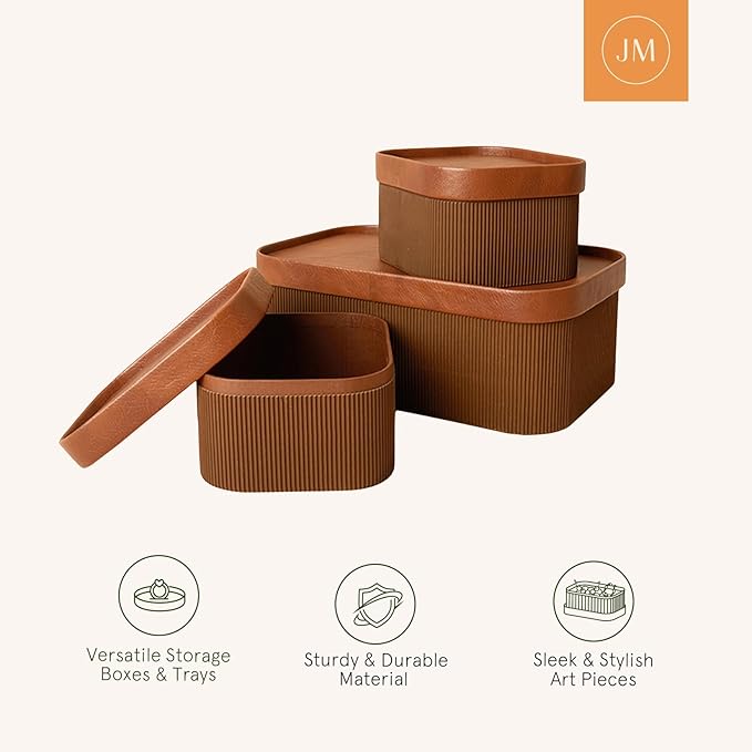 La Jolie Maison Fluted Cardboard Storage Baskets with Leather-Like Lids, Sturdy Stackable Paper Boxes Decorative Tray, Set of 3 Chestnut