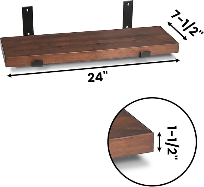 CONSDAN Floating Shelves for Wall Mounted Book Shelf Hanging Shelves Floating Bookshelf for Bedroom, Bathroom, Living Room, Kitchen USA Grown Solid Hardwood, Dark Maple 24x7.5x1.5 in (Set of 2)