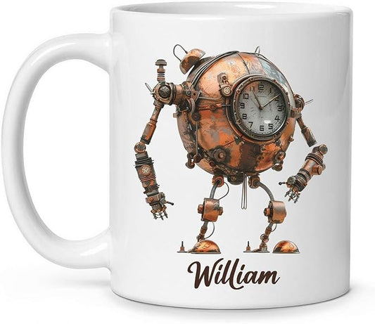 Steampunk Robot Coffee Mug With Custom Name, Customized Mechanical Themed Design Ceramic Cup, Steampunk Enthusiasts White Cup 11oz Or 15oz, Personalized Mug Gift For Daughter Son