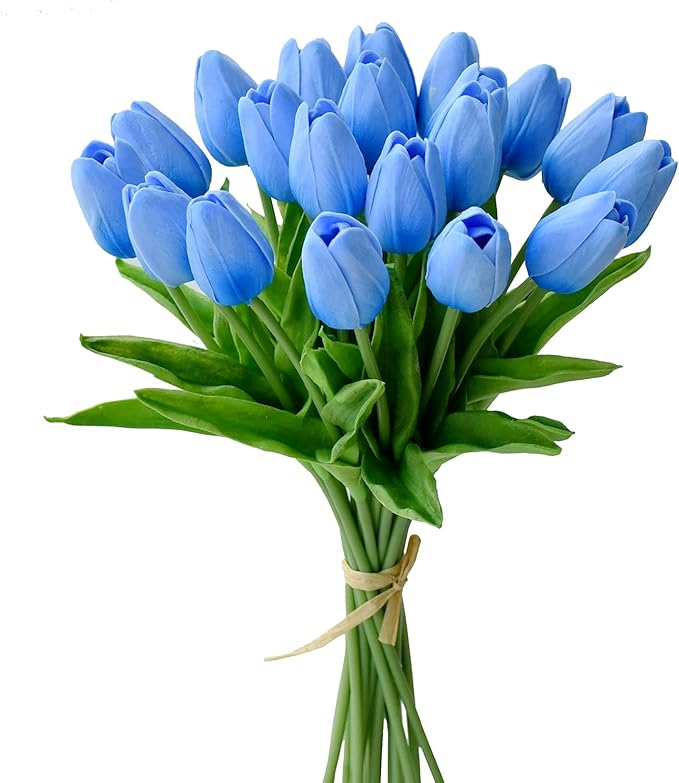 Mandy's Artificial Tulips 20 Stems Light Blue PU Faux Flowers for Wedding Home Decor 13.5 Inch