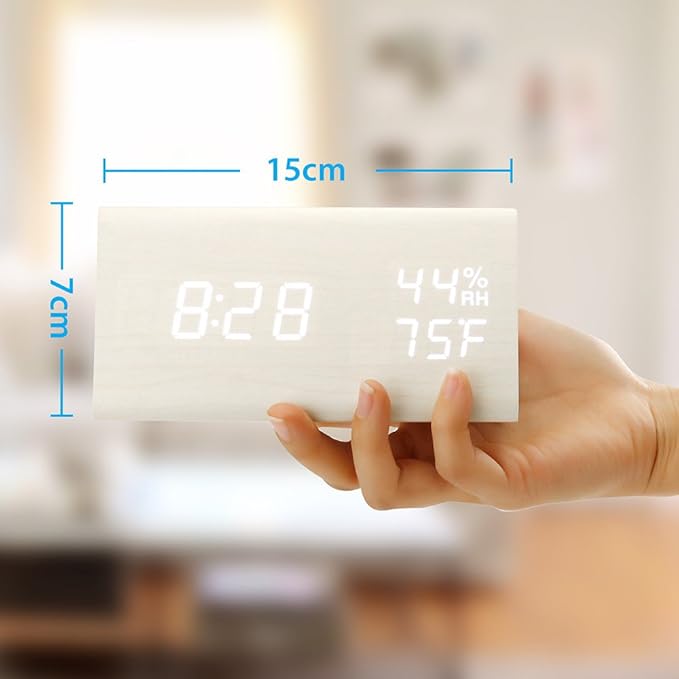 OCT17 Wooden Alarm Clock, Wood Alarm Clock Smart LED Digital Clock for Bedroom/desks, Upgraded with Time Temperature, Adjustable Brightness and Voice Control, Humidity Displaying - White