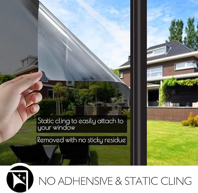 HIDBEA One Way Privacy Window Film, Daytime Mirror Reflective Heat Control UV Sun Blocking Non-Adhesive Static Cling Window Tint for Home and Office(Black-Silver, 45.2 Inch x 13.1 Feet)