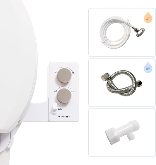 TUSHY Spa Warm Water Bidet Attachment for Toilet. Universal Fit, Easy Install (Requires Sink Access for Optional Temperature Control) Self Cleaning, Adjustable Pressure, Angle Control, Platinum Knob