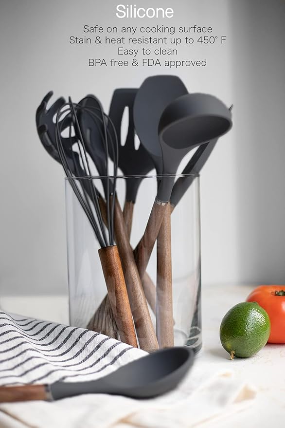 Country Kitchen Non Stick Silicone Utensil Set with Rounded Wood Handles for Cooking and Baking, 8 Piece Set, Black