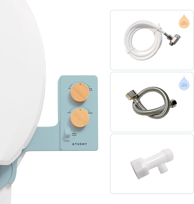 TUSHY Spa Warm Water Bidet Attachment for Toilet. Universal Fit, Easy Install (Requires Sink Access for Optional Temperature Control) Self Cleaning, Adjustable Pressure, Angle Control, Blue/Bamboo