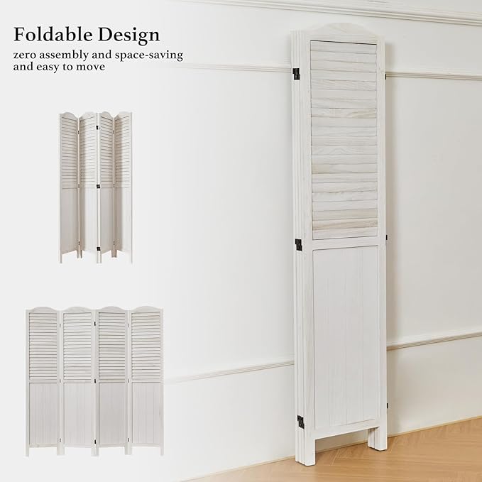 Room Partitions and Dividers, 68.9 Inch Temporary Wall with Double Hinges, Wooden Louver & MDF Stable Screens for Home Office Bedroom Coffeehouse Decoration (4 Panels, White-Washed)