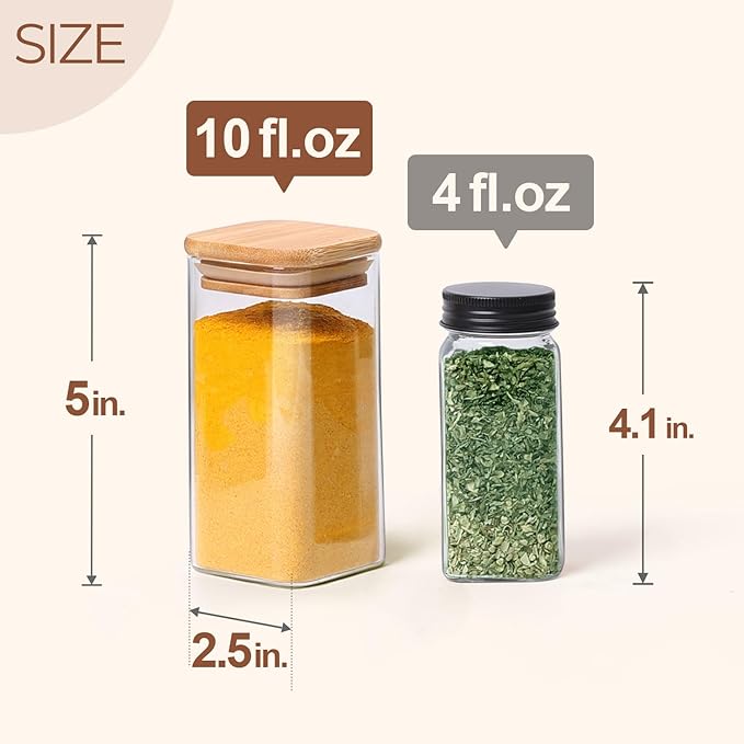 ComSaf 12Pcs Glass Spice Jars with Bamboo Lid, 10oz Airtight Square Containers with 275 Black Lables, Empty Seasoning Jars for Spice Salt Sugar