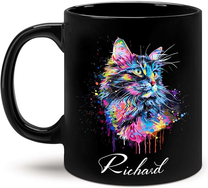 Customized Cat Ceramic Mug, Gift For Cat Pet Owner, Personalized Cat Lover Coffee Cup, Colorful Cat Design Mug For Birthday, Custom Name Cat Animal Black Cup, Unique Cat Mug 11oz 15oz