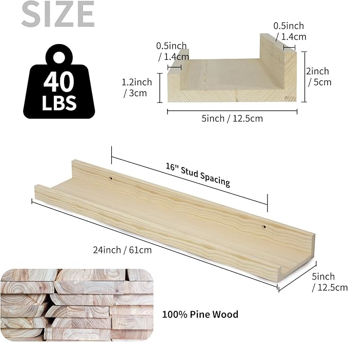 SAUMONIERES Picture Ledge Shelf Floating Book Shelves Set of 2 Wall Mounted Solid Wood for Bedroom Bathroom Living Room Kitchen, 24 Inch Natural